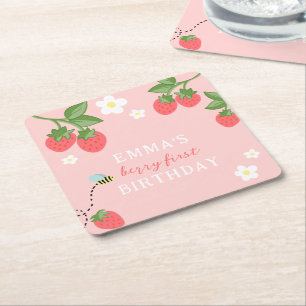 Posavasos Cuadrado De Papel Cumpleaños primera niña Pink Berry Fresa