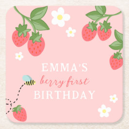 Posavasos Cuadrado De Papel Cumpleaños primera niña Pink Berry Fresa