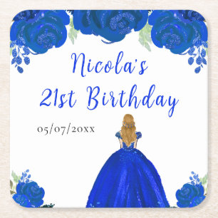 Posavasos Cuadrado De Papel Cumpleaños Princesa Cabello Rubio Floral Azul