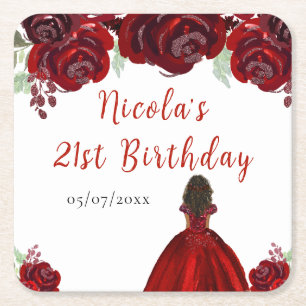 Posavasos Cuadrado De Papel Cumpleaños Princesa de Piel Oscura Floral Rojo