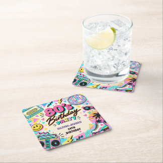 Posavasos Cuadrado De Papel Cumpleaños Retro 80