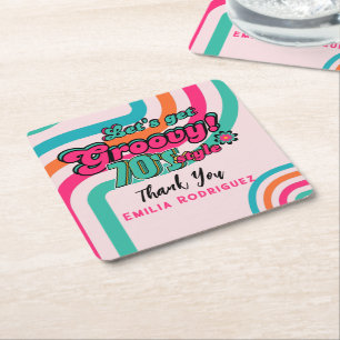 Posavasos Cuadrado De Papel Cumpleaños Retro Disco Boogie Groovy personalizado