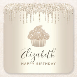 Posavasos Cuadrado De Papel Cupcake con gotas de brillo y monograma de nombre