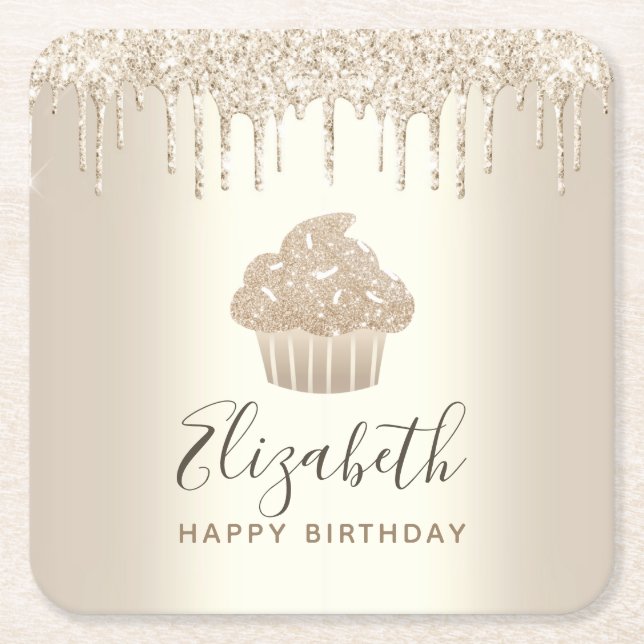 Posavasos Cuadrado De Papel Cupcake de nombre con monograma dorado con gotas d (Anverso)