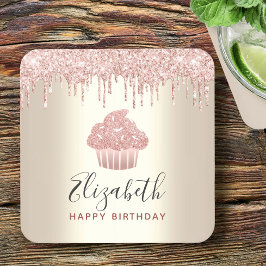 Posavasos Cuadrado De Papel Cupcake rosa brillo gotea fiesta dorada moderna fe