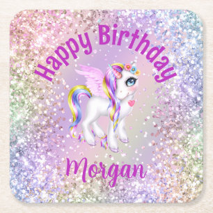 Posavasos Cuadrado De Papel Cupcakes de cumpleaños de unicornio mágico
