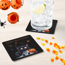 Posavasos Cuadrado De Papel Curioso Ghost Kitten Halloween Trick o Trete