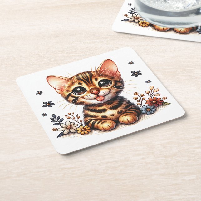 Posavasos Cuadrado De Papel Curte Bengal Cat Lover Kitten Kitty Mom Feline (En perspectiva)