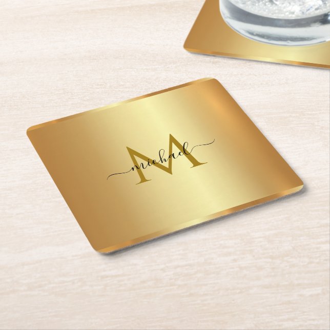 Posavasos Cuadrado De Papel Custom Elegant Name Monogram Initial Template Gold (En perspectiva)