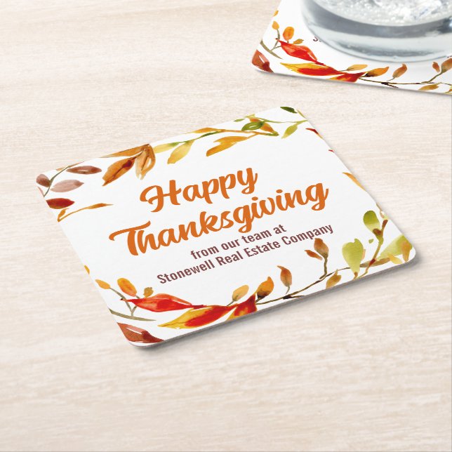 Posavasos Cuadrado De Papel Custom Happy Thanksgiving Autumn Leaves Company (En perspectiva)