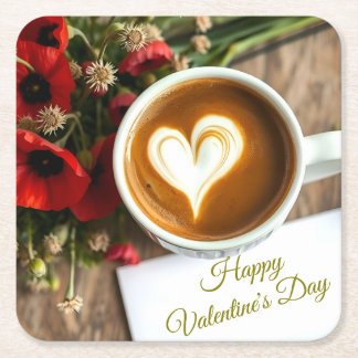 Posavasos Cuadrado De Papel Custom Happy Valentine's Day Coffee Cup with Heart