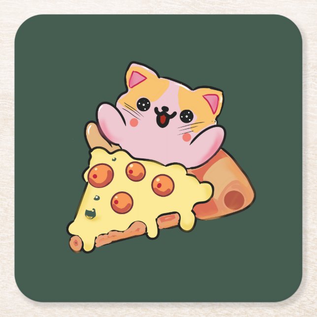 Posavasos Cuadrado De Papel Custom Kawaii Cat Hugging Pepperoni Pizza Cartoon (Anverso)