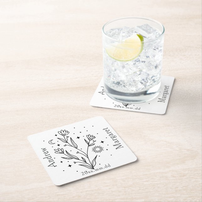 Posavasos Cuadrado De Papel Custom Name Black & White Floral  (In situ)