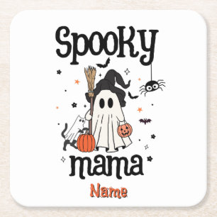 Posavasos Cuadrado De Papel Custom Spooky Mama Halloween – Fantasma, Gato, Cal
