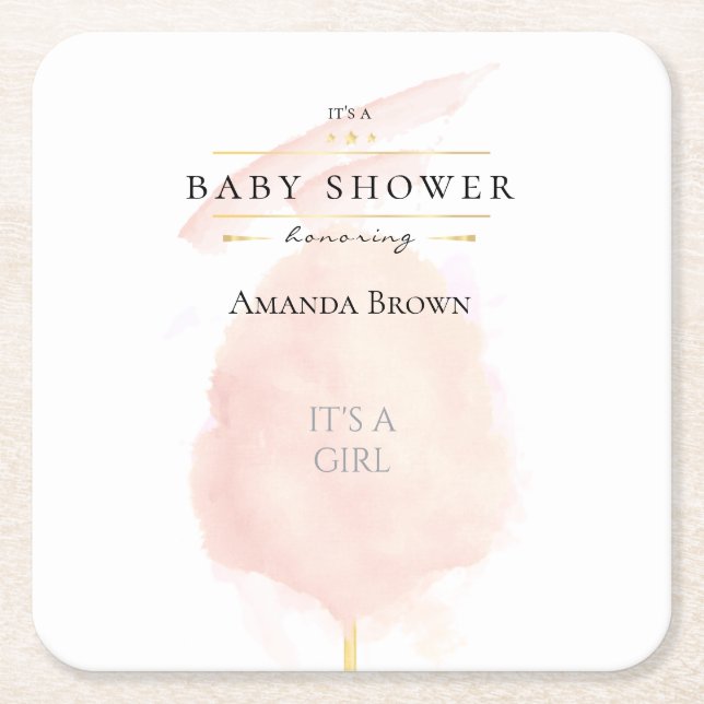 Posavasos Cuadrado De Papel Cuta acuarela Algodón rosa Candy Baby Shower (Anverso)