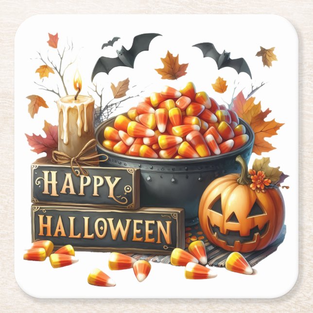 Posavasos Cuadrado De Papel Cuta Feliz Halloween Candy Corn Paper Coaster (Anverso)