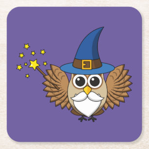 Posavasos Cuadrado De Papel Cute a Merlin el Personalizado Lechuza Mago