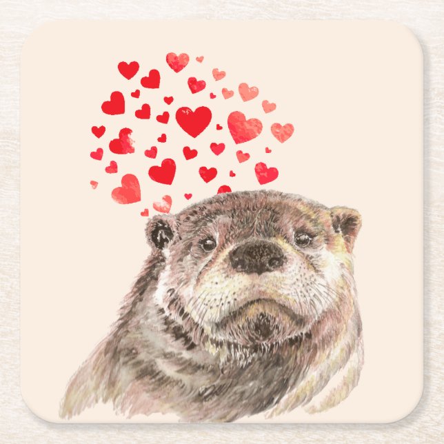 Posavasos Cuadrado De Papel Cute acuarela Otter Hearts Love Animal Humor (Anverso)