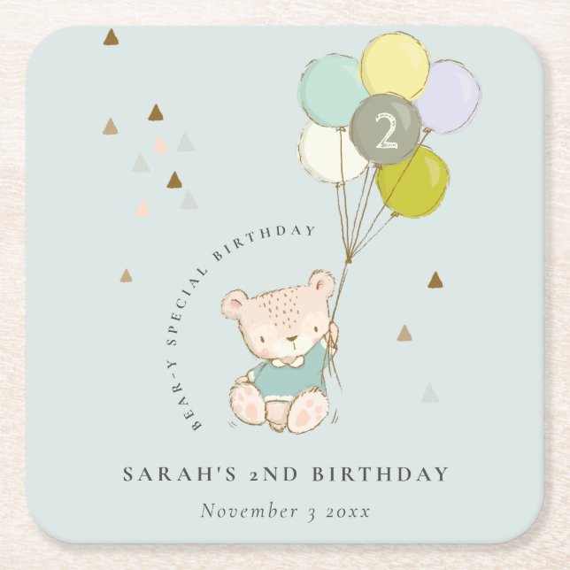Posavasos Cuadrado De Papel Cute Aqua Blue Bear Balloon Cualquier Cumpleaños D (Anverso)
