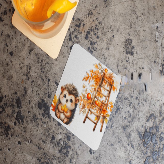 Posavasos Cuadrado De Papel Cute Autumn Hedgehog with Harvest Ladder Illustrat (Subido por el creador)
