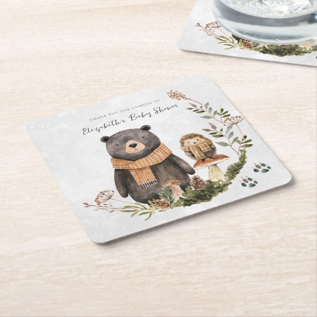 Posavasos Cuadrado De Papel Cute Autumn Woodland | BABY SHOWER (En perspectiva)