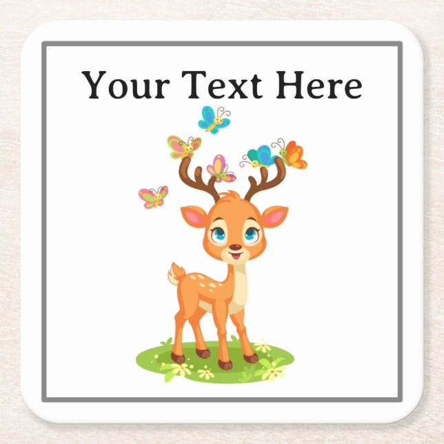 Posavasos Cuadrado De Papel Cute Baby Deer with Butterflies-47568 (Anverso)
