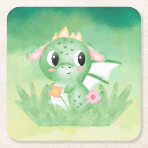 Posavasos Cuadrado De Papel Cute Baby Dragon Coaster de Acuarela