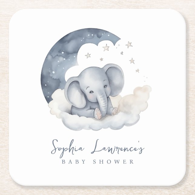 Posavasos Cuadrado De Papel Cute Baby Elephant Baby Shower (Anverso)
