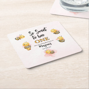 Posavasos Cuadrado De Papel Cute Bee One Pink Black First Birday Party