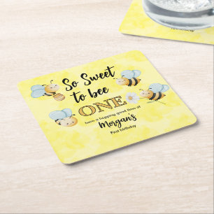 Posavasos Cuadrado De Papel Cute Bee One Yellow Black First Birday Party