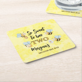 Posavasos Cuadrado De Papel Cute Bee Two Yellow Black Second Birthday Party