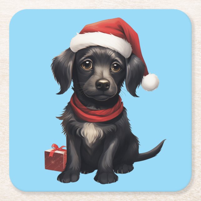 Posavasos Cuadrado De Papel Cute Black Dog at Christmas (Anverso)