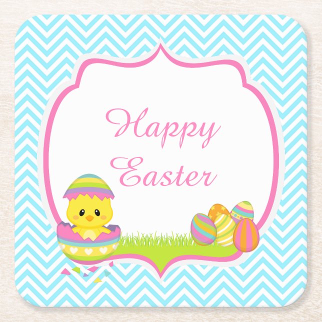 Posavasos Cuadrado De Papel Cute Blue Chevrons Easter Chick Easter Egg Hunt (Anverso)