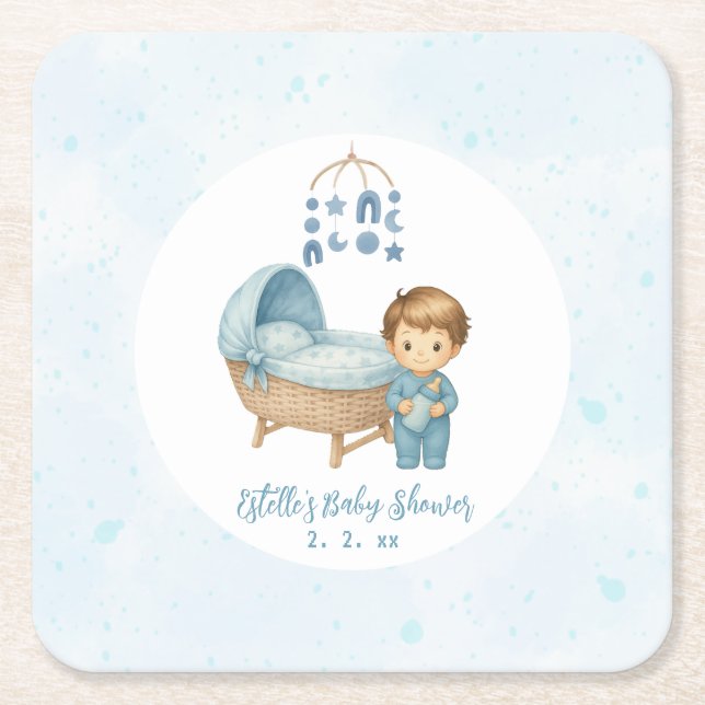Posavasos Cuadrado De Papel Cute Boy Blue Nursery Baby Shower (Anverso)