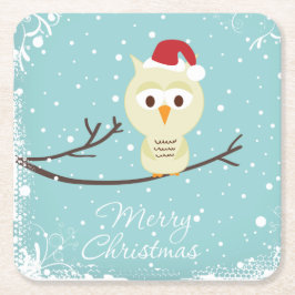 Posavasos Cuadrado De Papel Cute búho de Santa Owl Feliz Navidad Azul