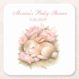 Posavasos Cuadrado De Papel Cute Bunny Rabbit Pink Blush Peony Baby Shower