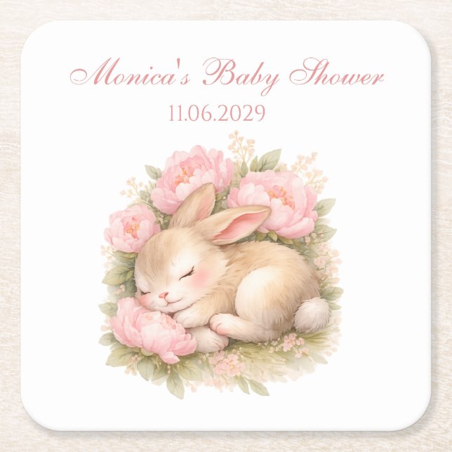 Posavasos Cuadrado De Papel Cute Bunny Rabbit Pink Blush Peony Baby Shower (Anverso)