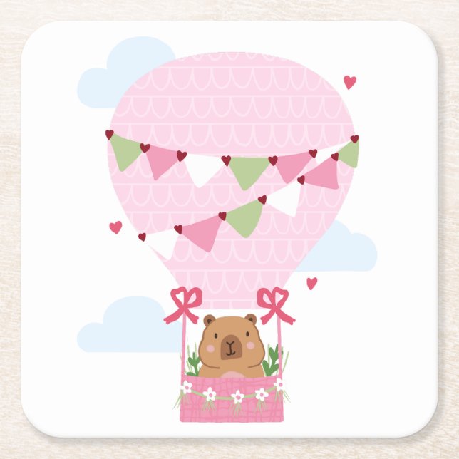 Posavasos Cuadrado De Papel Cute Capybara Hot Air Balloon Pink Birthday Party (Anverso)