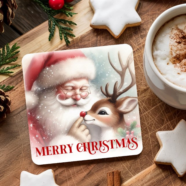 Posavasos Cuadrado De Papel Cute Cartoon Christmas Coasters Santa and Rudolph (Cute Cartoon Christmas Coasters Santa and Rudolph)