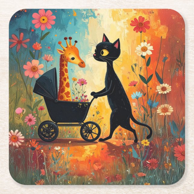 Posavasos Cuadrado De Papel Cute Cat Giraffe Paper Coaster (Anverso)