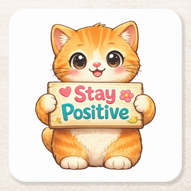Posavasos Cuadrado De Papel Cute Cat Stay Positive Artwork (Anverso)
