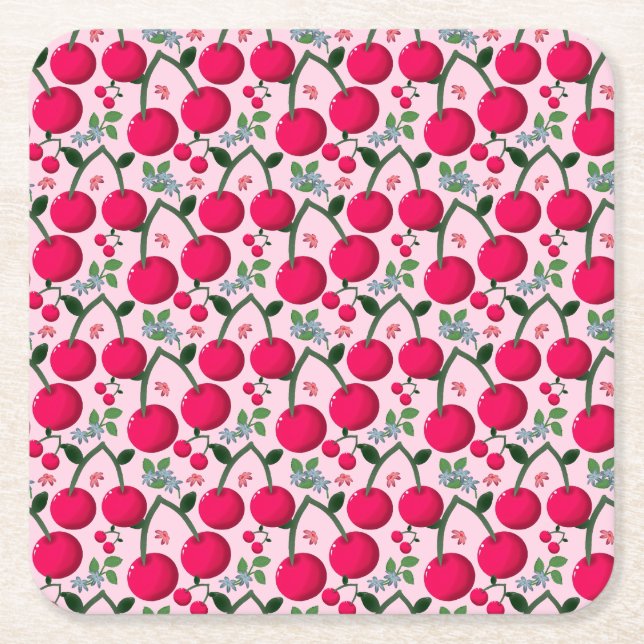 Posavasos Cuadrado De Papel Cute Cherry  Pattern, Glossy Kawaii Fruit (Anverso)