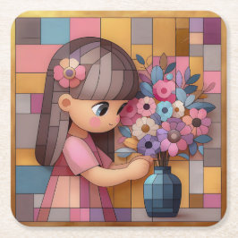 Posavasos Cuadrado De Papel Cute Chica Vase Flowers Cubist Coaster Set