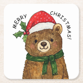 Posavasos Cuadrado De Papel Cute christmas bear with santa hat