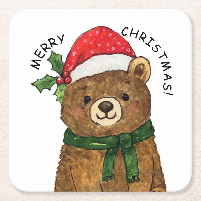 Posavasos Cuadrado De Papel Cute christmas bear with santa hat (Anverso)