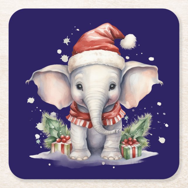 Posavasos Cuadrado De Papel Cute Christmas Elephant (Anverso)