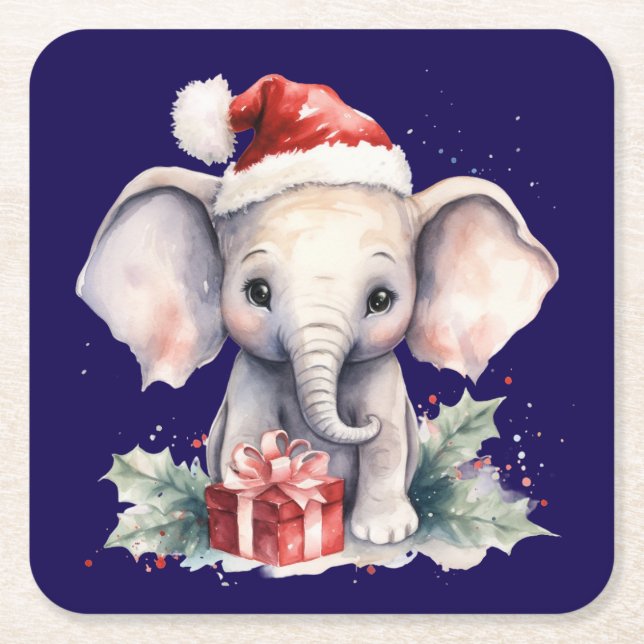 Posavasos Cuadrado De Papel Cute Christmas Elephant (Anverso)