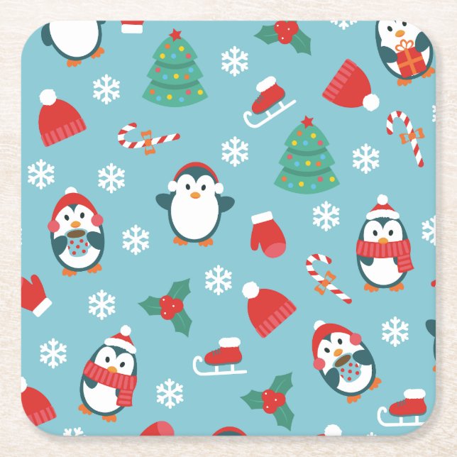 Posavasos Cuadrado De Papel Cute Christmas Penguins Pattern (Anverso)