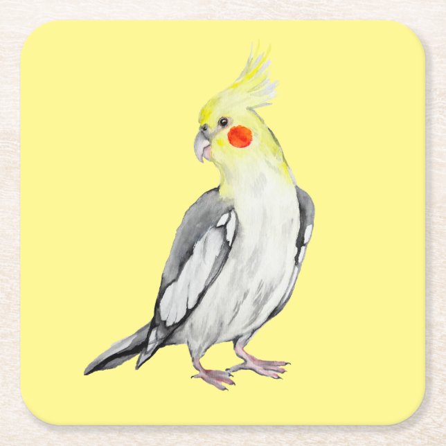 Posavasos Cuadrado De Papel Cute Cockatiel Watercolor Parrot. (Anverso)