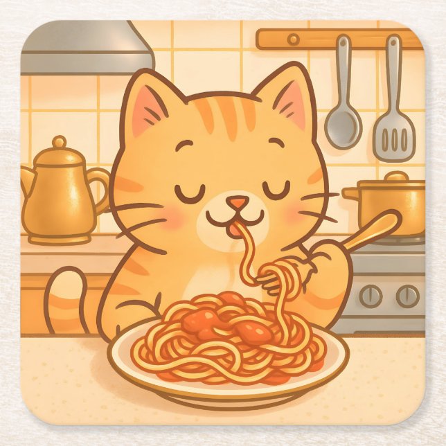 Posavasos Cuadrado De Papel Cute Comic Kitty Spaghetti Coaster Set (Anverso)